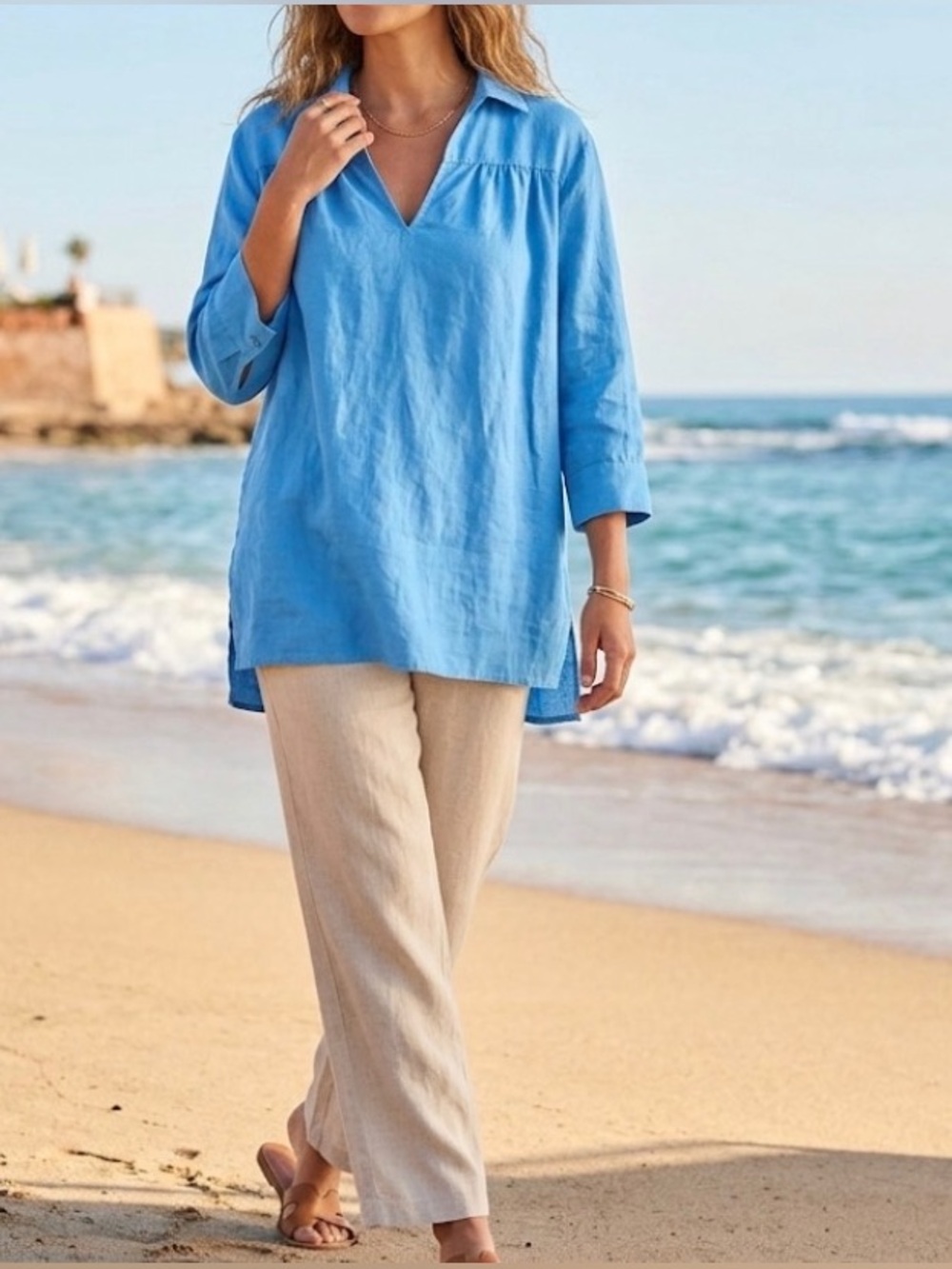 Aritzia Little Moon Sky Blue Linen V-Neck Long Sleeve Top